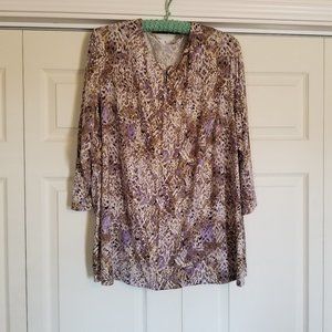 Brown and White Tan Jay 3/4 Sleeve, zip Front Tunic w/Gold and Lavender Accents